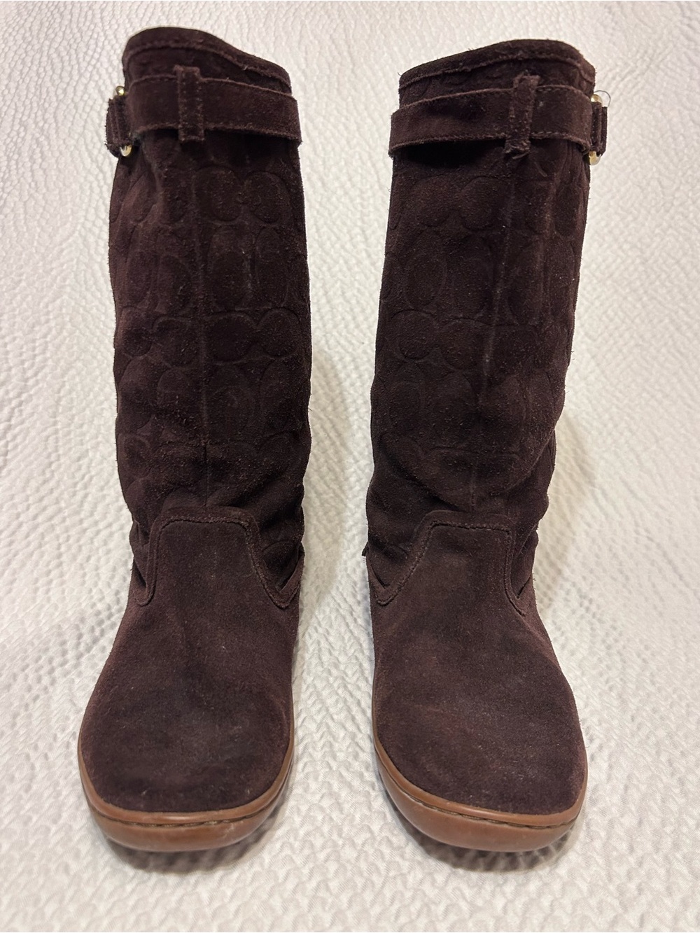 Coach Dark Brown Suede Mid-Calf Logo Boots